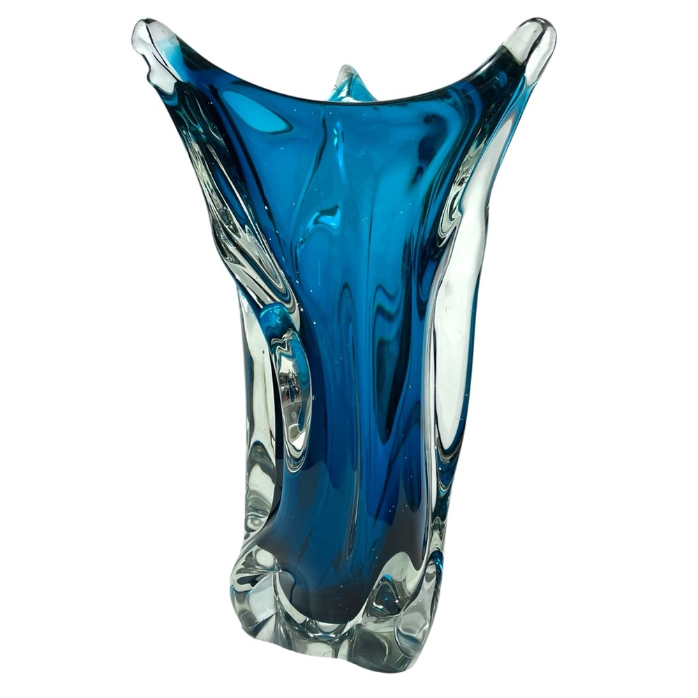 Vintage 1960s Chalet Blue Twist - 11" Art Glass Vase Centerpiece - Canadian MCM